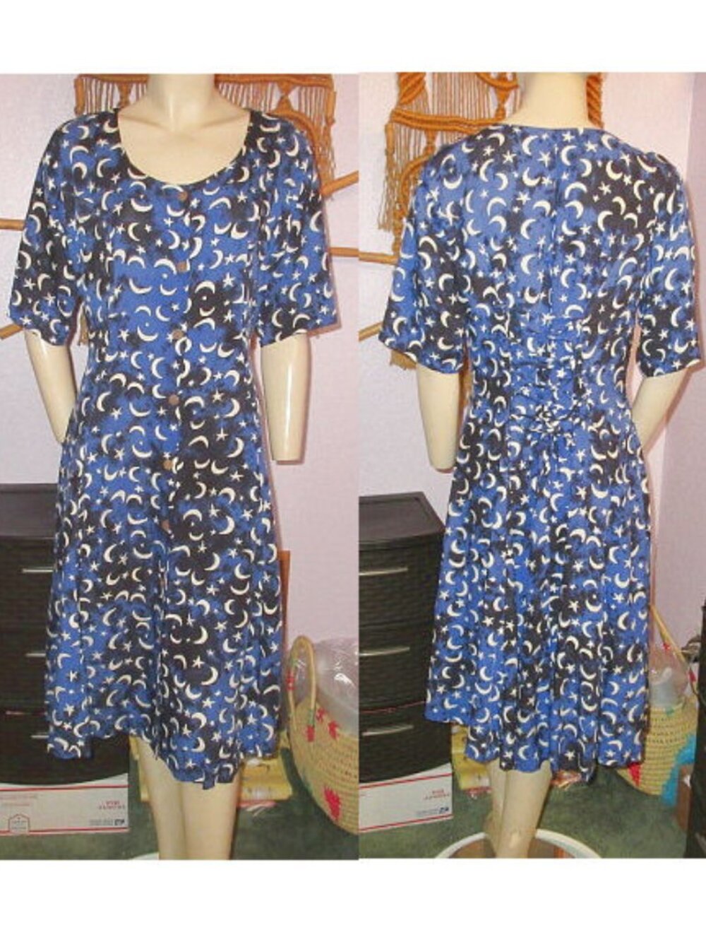 Celestial Midi Dress Size M Pockets Corset Back Moon & Stars Cosmic Astral Lunar